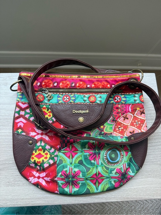 Desigual Handbags - Desigual Multicolor Floral Geo Patch Crossbody with Brown Trim